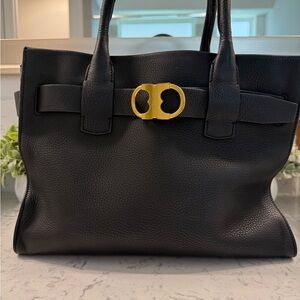 Tory Burch Gemini Link Black Leather Tote Bag